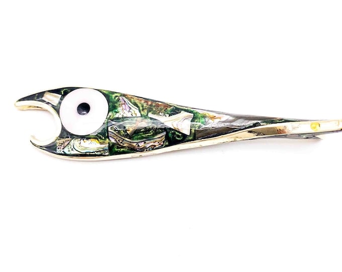 Mid Century Mother of pearl Fish Bottle Opener, Vintage Fish bottle opener. Beach House Decor, Cool Barware