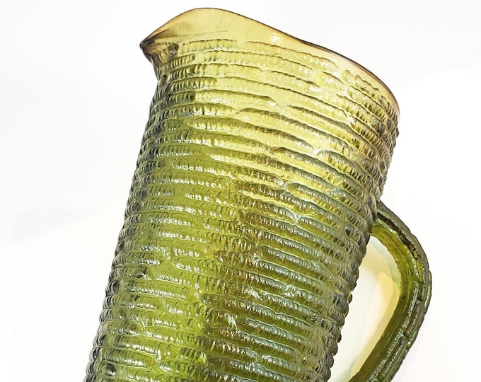 Vintage MCM Ribbed Green Glass Pitcher