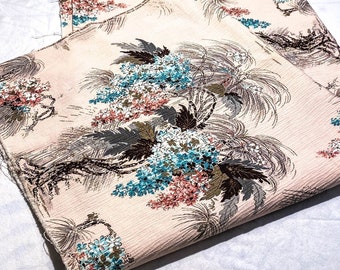 Gorgeous 1940's Bark Cloth Fabric with Pink back ground with Pink and Blue Ferns and Trees in Garden Setting
