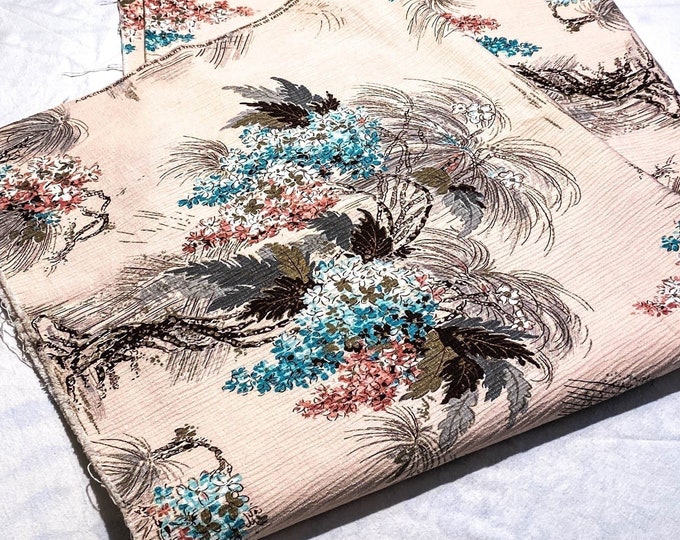 Gorgeous 1940's Bark Cloth Fabric with Pink back ground with Pink and Blue Ferns and Trees in Garden Setting