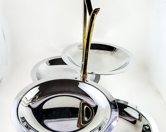 Silver and Gold Chrome 4 Plate Appetizer Platter with Gold Handle and Swivelling Plates