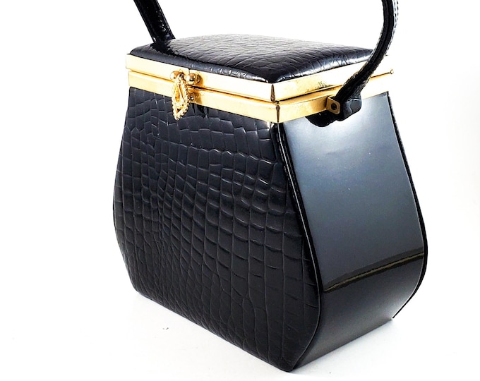 Black Faux Leather Box Purse with Pressed Alligator Pattern and with Mirror and inside Pocket