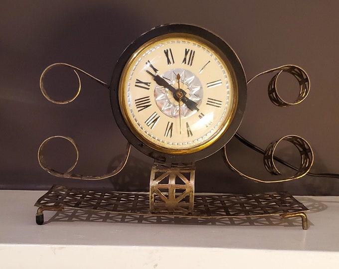 1930’s Art Deco Footed Electric Clock in Yellow and Gold Brass