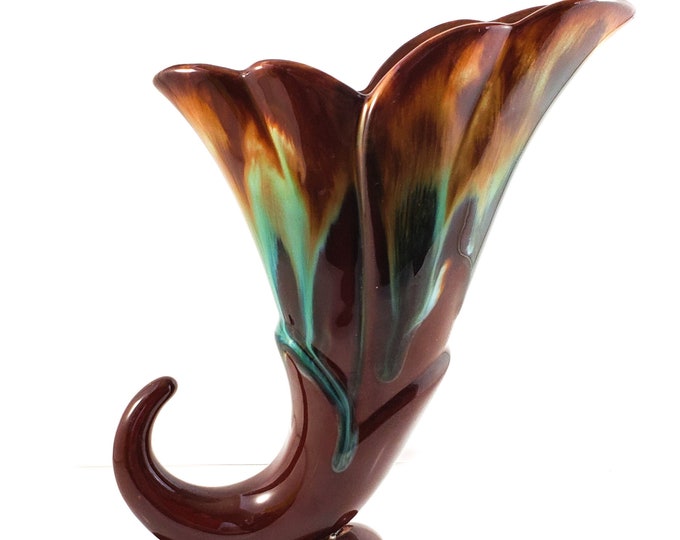 Oh So Gorgeous Chestnut Brown Cornucopia Vase with Green and Yellow Drip Glaze.