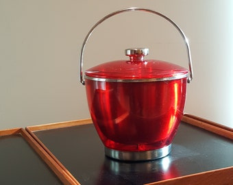 Stunnung Mid Century Modern Ruby Red Red Vintage Aluminum Acrylic Encased Ice Bucket-Vintage Barware - BarCart Ice Bucket - Cocktails