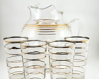 1950's clear Vintage Partially Frosted Cocktail Pitcher, Mid Century Modern Glass, Gold Gilt Retro Barware, with 4 matching glasses