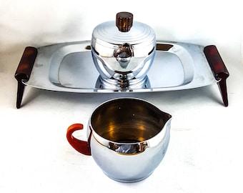 GLO-HILL Cream Sugar Tray Chrome Stainless Bakelite Vintage 1950s Midcentury Modern