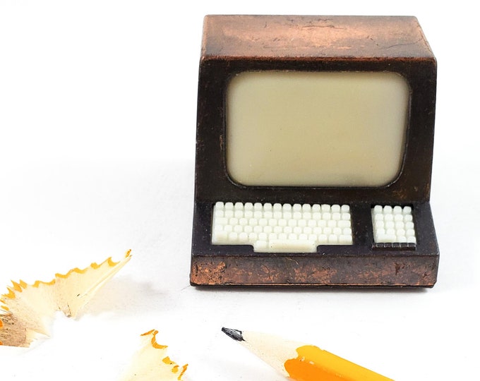 Miniature Bronze/Cast Iron Early Desk Top Computer Pencil Sharpener. Works! Stocking Stuffer!