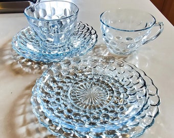 Gorgeous 6 Piece Clear Bubble Glass Cake Plates, Cup and Saucer Set. 2 plates. 2 cups. 2 saucers, Blueish tinge