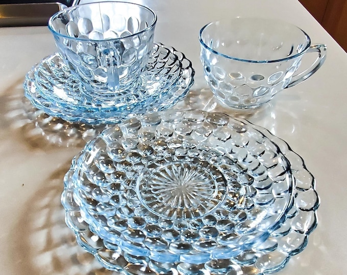 Gorgeous 6 Piece Clear Bubble Glass Cake Plates, Cup and Saucer Set. 2 plates. 2 cups. 2 saucers, Blueish tinge