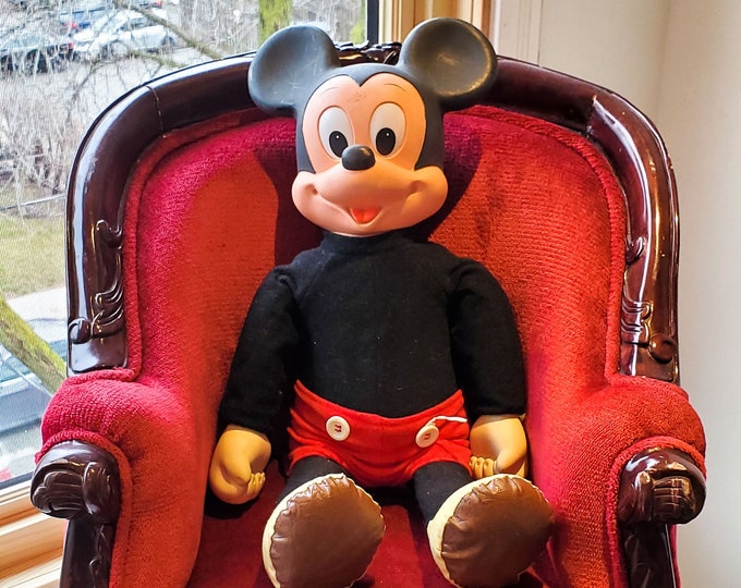 1975 Hard Plastic, Rubber and Vinyl Mickey Mouse Doll by Hasbro with signature clothing