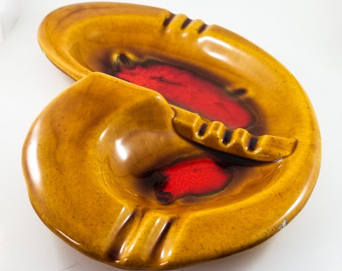 Fabulous Mid Century Butterscotch and Red Glaze Ashtray/Trinket Dish