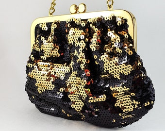 Magnificent Hand Sequinned Gold and Black  Evening Bag with Gold Chain Strap and Kiss Clasp. Designer - Lise Water