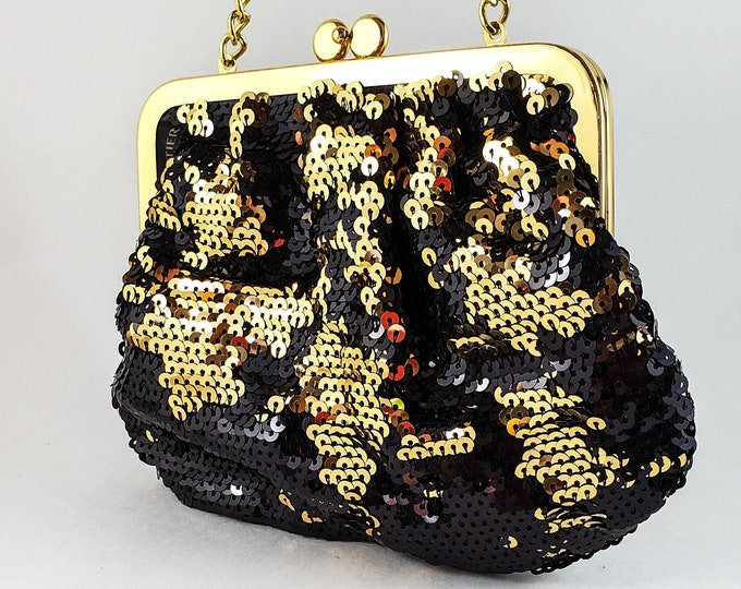 Magnificent Hand Sequinned Gold and Black  Evening Bag with Gold Chain Strap and Kiss Clasp. Designer - Lise Water