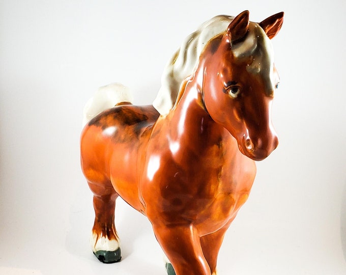 Mid-Century Modern Vintage Large Clydesdale Ceramic Horse Figurine. Equine Collectible.