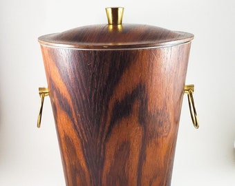 Gorgeous Extra Tall Teak Veneer Ice Bucket/Wine Cooler with Aluminum Interior and Brass Ring Handles and Lid nob.