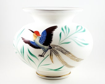 Stunning White Rotund Flared Glass Vase with Hand painted Woodpecker and Leaves and Gold Trim