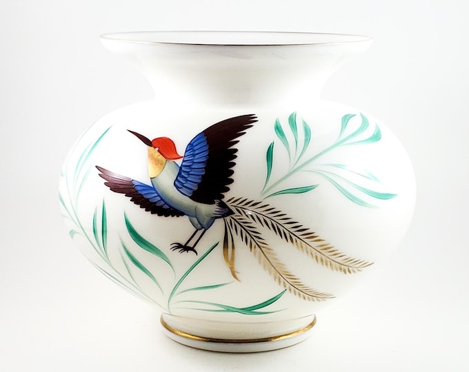 Stunning White Rotund Flared Glass Vase with Hand painted Woodpecker and Leaves and Gold Trim