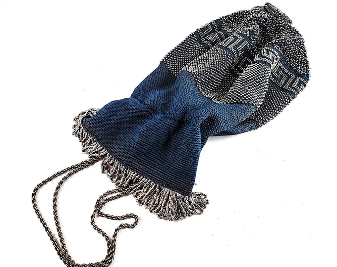 Gorgeous Blue Knit and Silver Bead Micro Bead Drawstring  Vintage Evening Bag w/ Metal strap/Antique Deco Drawstring Handbag
