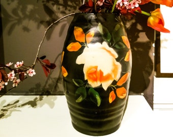 Hand Painted Art Deco Floral Vase in Black