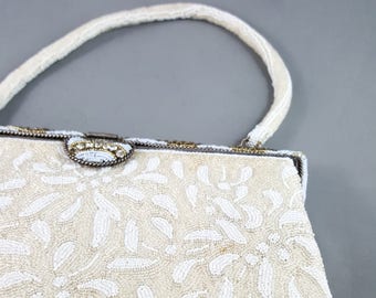 Magnificent Beaded White Wedding Bag with Beaded Handle  and Rhinestone Clasp.