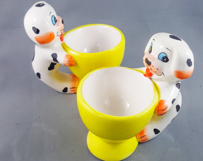 Adorable Anthropomorphic Puppy 2 egg cup set  Vintage Kitchen Decor.