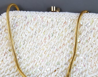 Magnificent Hand Beaded and sequined White Wedding Bag with Brass Chain