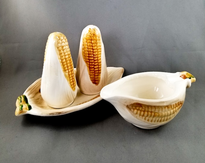 Vintage Ear of Corn Salt and Pepper Shakers with Tray and Melted Butter Boat