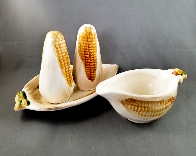 Vintage Ear of Corn Salt and Pepper Shakers with Tray and Melted Butter Boat