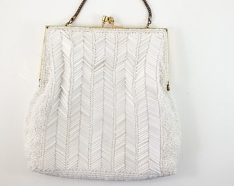 Magnificent Hand Beaded White Wedding Bag with Brass Strap