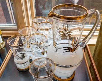 Stunning Romanian Hand Painted Lily of the Valley Gilded Glasses. Water Glasses. Hi-Ball Glasses With Matching Pitcher