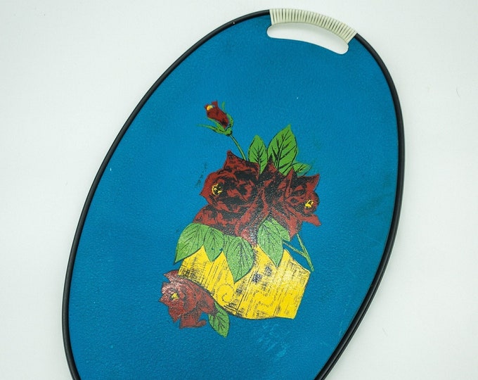 Vintage Mid Century Modern Blue 70's Tray/Platter with Floral Applique Design