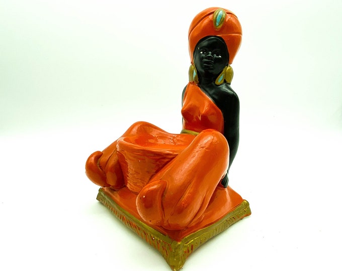 Vintage Mid Century Art Deco plaster chalkware Blackamore female figurine Goldscheider style sculpture hand painted.