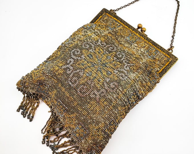 Magnificent Antique Gold, Silver and Bronze micro Bead Evening Bag w/ Brass strap/Antique 1900s Handbag Kiss Lock- Embossed garland Frame