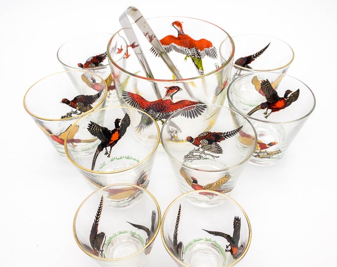 Fabulous Mid Century Gilt and Red Hazel Atlas Wild Bird Bar set with 6 lo-Ball Whiskey Glasses and 2 shot glasses, Ice Bucket with tongs