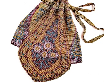 Magnificent Rare Art Deco Hand Beaded 1920s antique drawstring bag. 1920s accessories. 1920s evening bag.