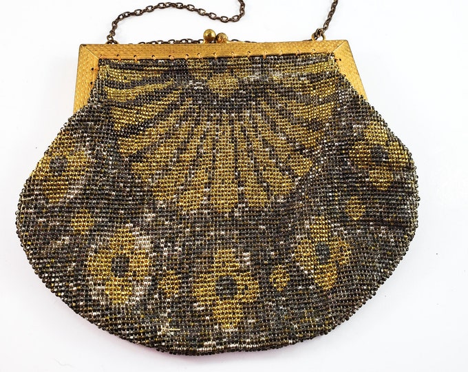 Magnificent Gold, Silver and Bronze micro Bead Evening Bag w/ Brass strap/Antique 1900s Handbag Kiss Lock- Embossed garland Frame / Vintage