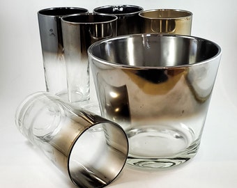 Gorgeous 6 Piece Mid Century Silvered Ombre Glasses and Ice Bucket