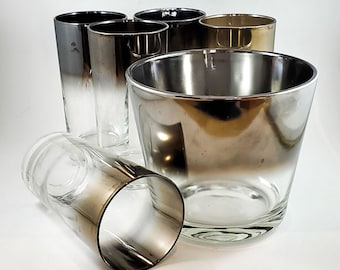 Gorgeous 6 Piece Mid Century Silvered Ombre Glasses and Ice Bucket