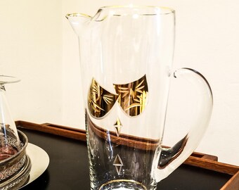 Blown Glass Gilt TragedyComedy Mask Themed Martini Pitcher with Glass stir stick