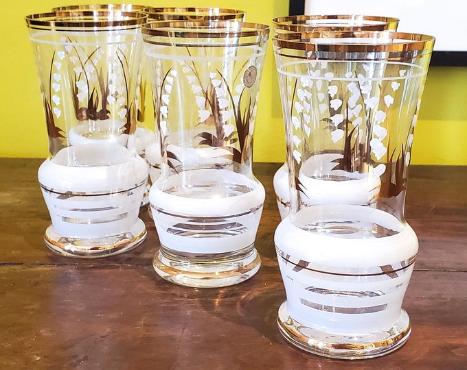 Stunning Romanian Hand Painted Lily of the Valley Gilded Glasses. Water Glasses. Hi-Ball Glasses.