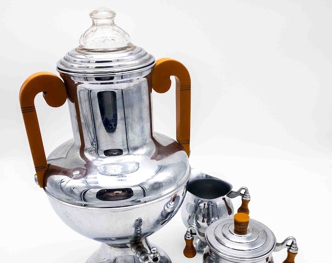 Krupmaster Silver Plated and Bakelite Coffee Urn with Cream and Sugar