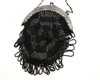 Fabulous 1930's Vintage Beaded Purse with Silver Frame and chain link handle. Looped beaded fringe.