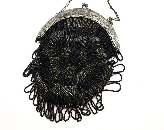 Fabulous 1930's Vintage Beaded Purse with Silver Frame and chain link handle. Looped beaded fringe.