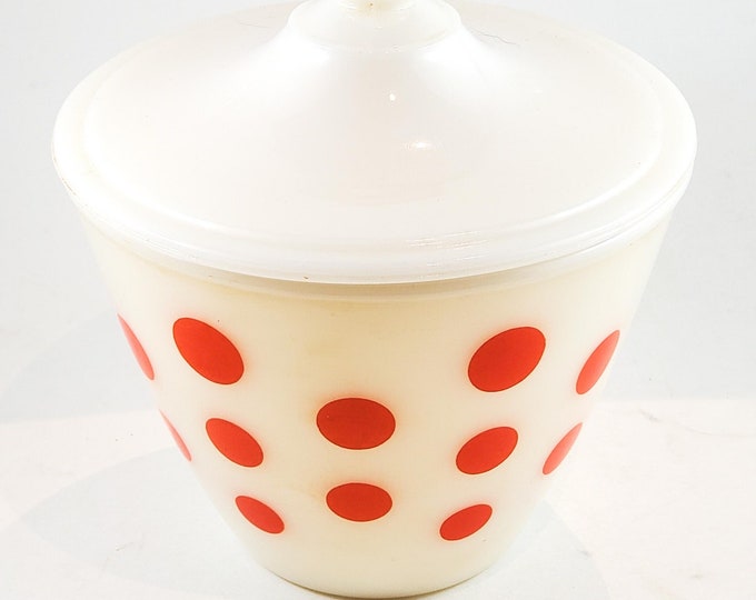 Vintage Federal Beautiful RED POLKA DOT Milk Glass Covered Bowl Heat Proof, Oven Ware Grease Jar, Circa 1950's