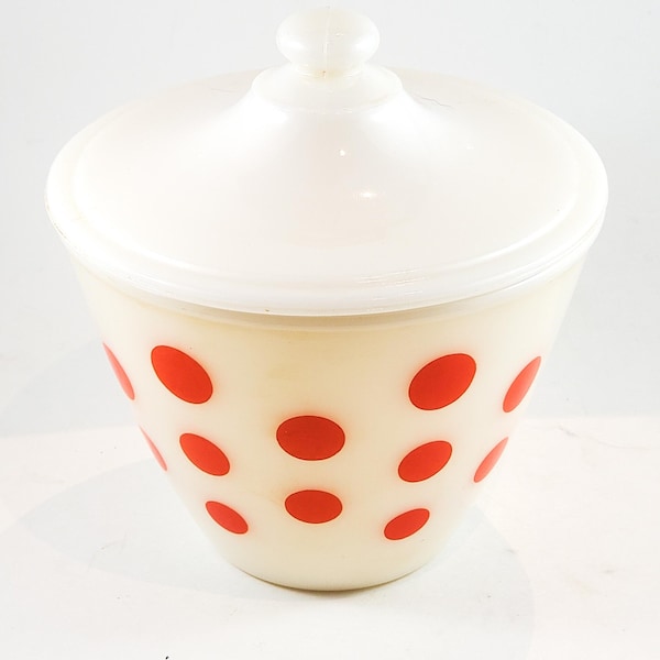 Vintage Federal Beautiful RED POLKA DOT Milk Glass Covered Bowl Heat Proof, Oven Ware Grease Jar, Circa 1950's