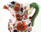 Incredible Antique Pitcher, Hydra Jug, Water Pitcher, Ironstone Jug, Serpent Handle, Imari Colors, Floral Scenes