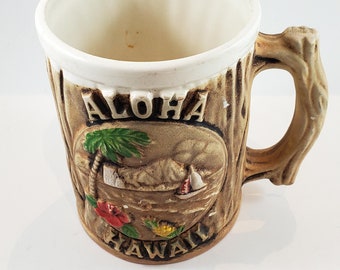 Souvenir Aloha Hawaii Mug with Bark Body and Handle and Seaside Scene