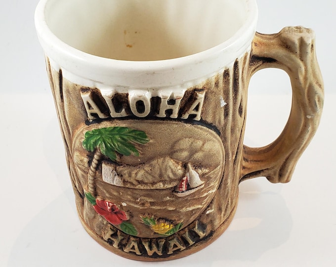 Souvenir Aloha Hawaii Mug with Bark Body and Handle and Seaside Scene