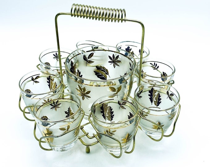 8 Vintage Libbey Glasses Gold Leaf Foil Frosted Leaf Motif  ~ Retro Cocktail Glassware Barware - 1950's in wire caddy w matching ice bucket